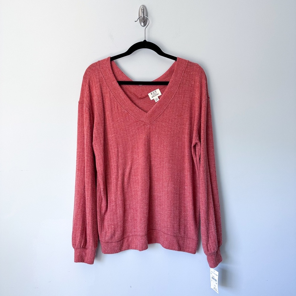 PST Double V Neck Heather Chili Long Sleeve Top
